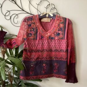 Elegant Embroidered Blouse in Pink, Blue and Purple